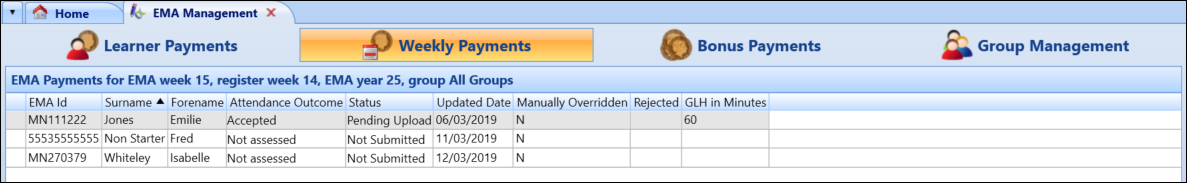 Weekly Payments records