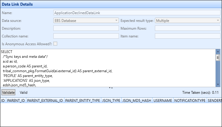 Data Link Details panel