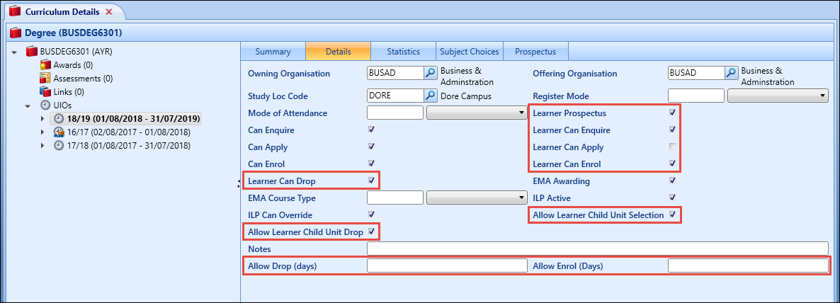 Details tab - UIO settings