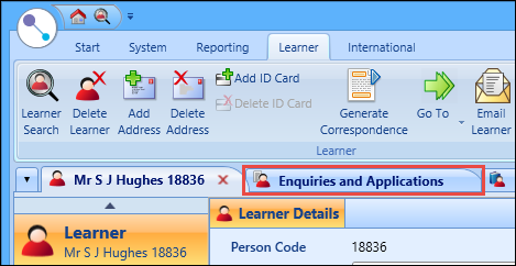 Enquiries and Applications tab