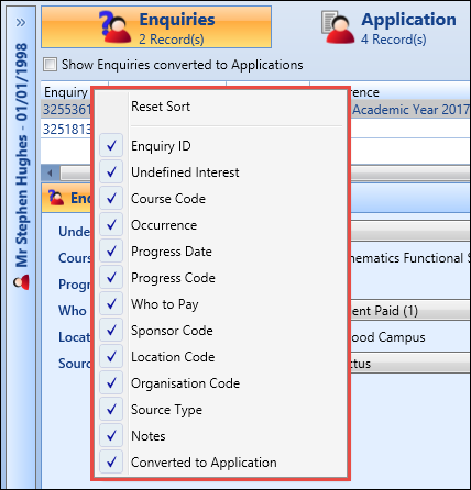 Enquiries grid - shortcut menu