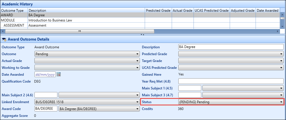 Academic History screen - Status field