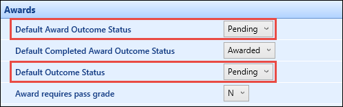 Default Award Outcome Status and Default Outcome Status institution settings