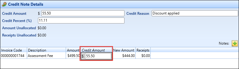 Credit Note Details section - Credit Amount field