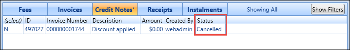 Credit Notes grid - Cancelled status