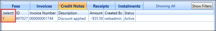 Credit Notes grid - select credit note