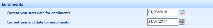 Current year start date for enrolments and Current year end date for enrolments institution settings