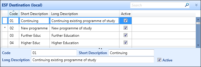 ESF Destination (local) reference data