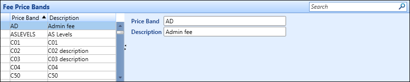 Fee Price Bands section