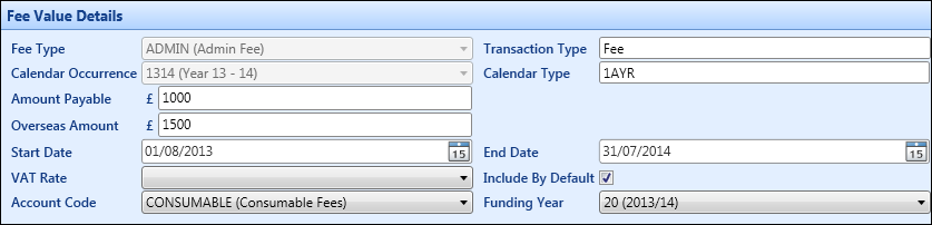 Fee Value Details section