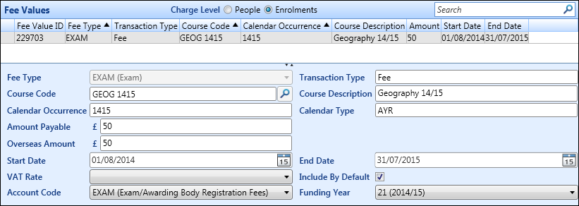 Fee Values screen - existing fees