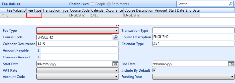 Fee Values screen - no fees