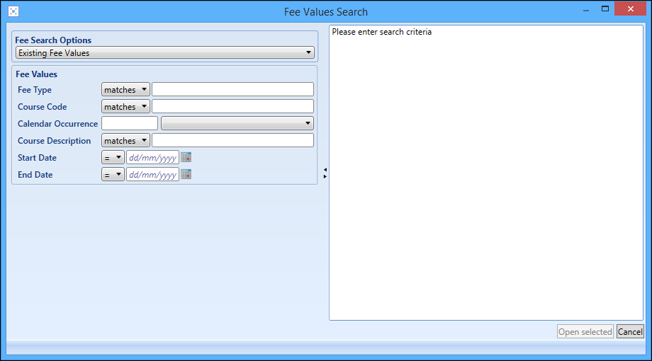 Fee Values Search window