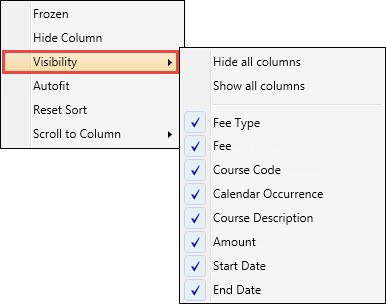 Fee Values Search window - context options