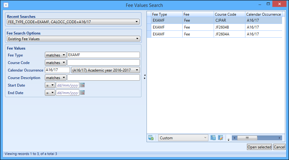 Fee Values Search window - results