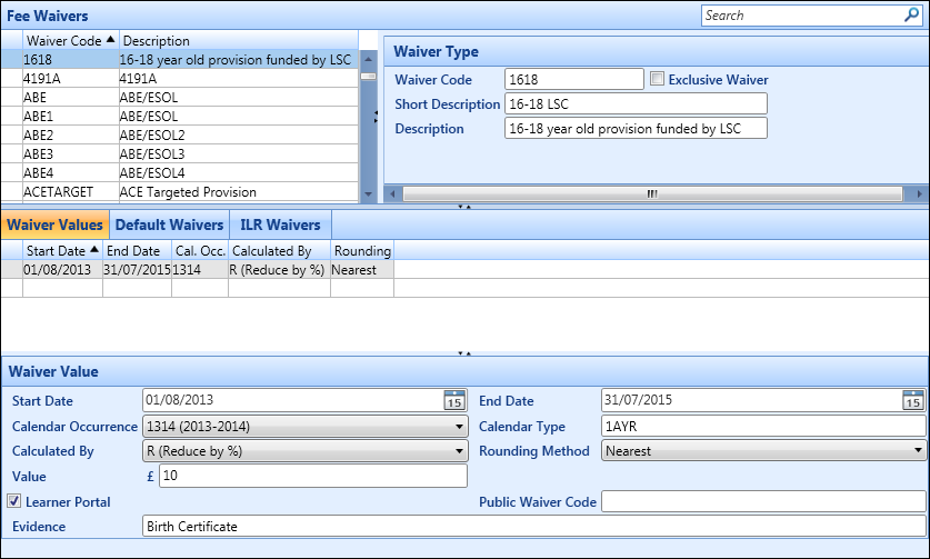 Fee Waivers screen