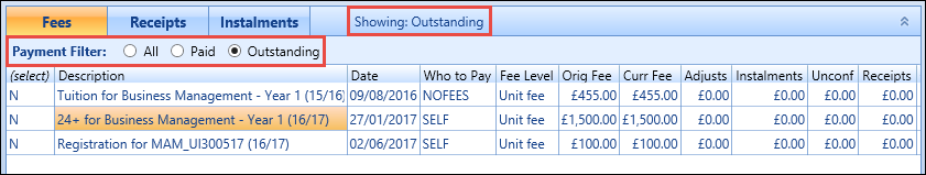 Fees grid - payment filters