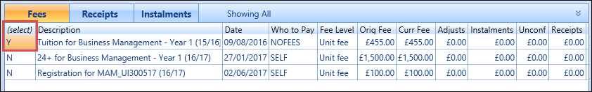 Fees grid - select fees
