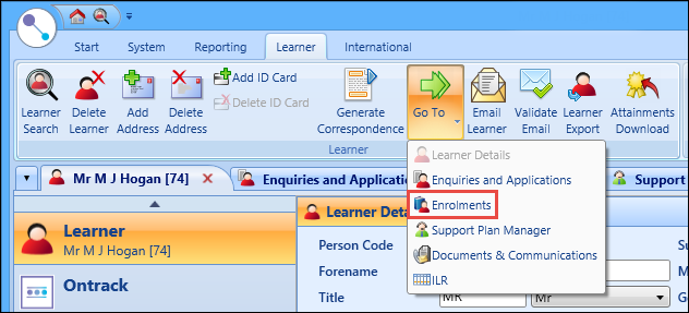 Go To Enrolments option