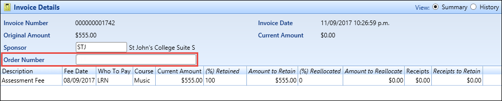 Invoice Details section - Order Number field