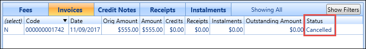 Invoices grid - Cancelled status