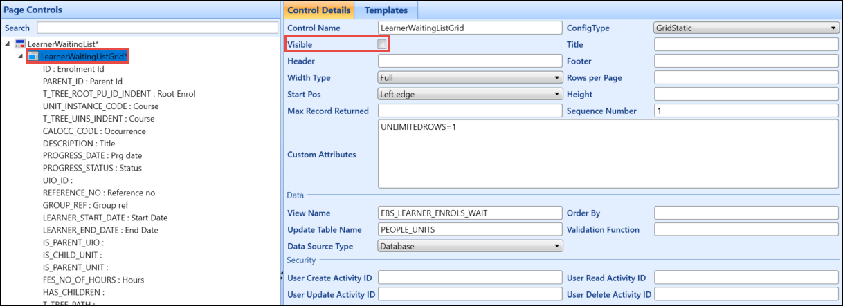 Visible check box on the LearnerWaitingList page