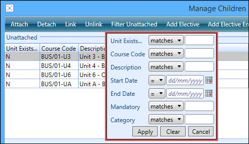 Manage Children window - filter options