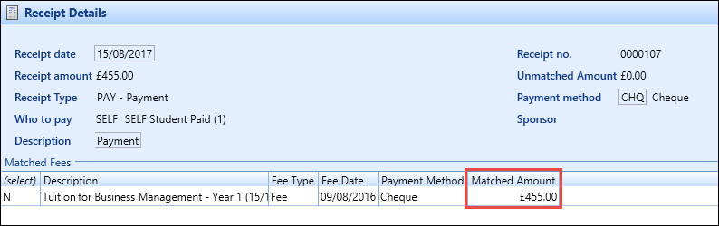 Matched Amount field