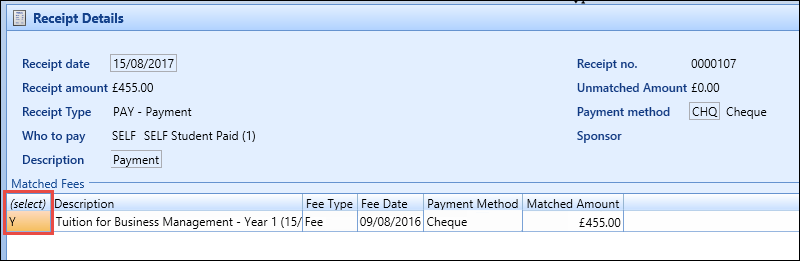 Matched Fees grid - select fee