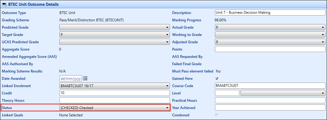 Outcome Details section - Status field