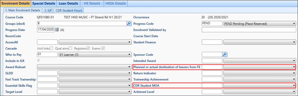 'Planned or actual destination of leavers from FE' and 'CDR Student MOA' fields