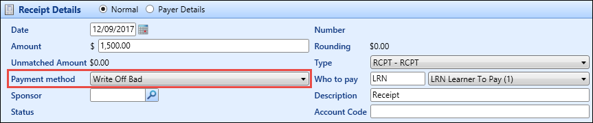Receipt Details section - Write Off payment method