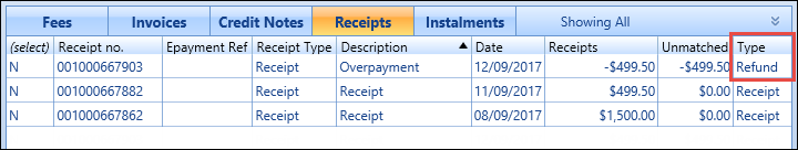 Receipts grid - refunded