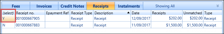 Receipts grid - select receipt to match