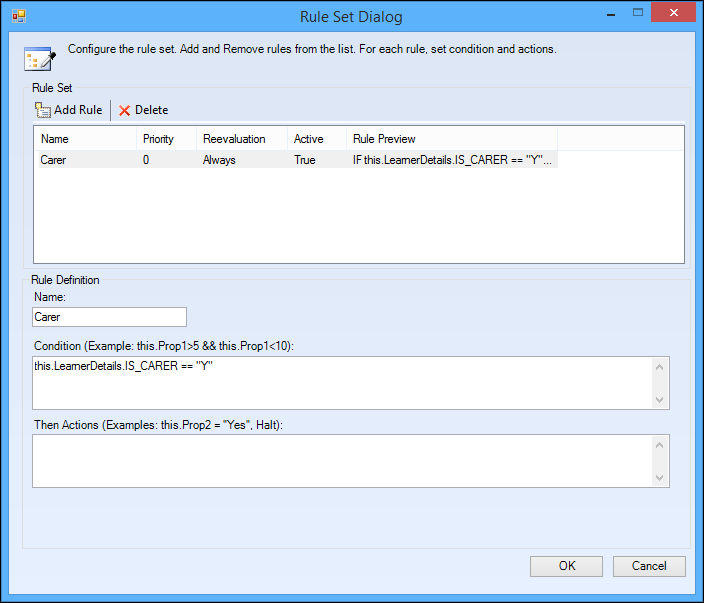 Rule Set Dialog window - Is Carer rule