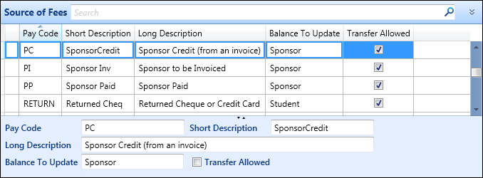 Source of Fees reference data