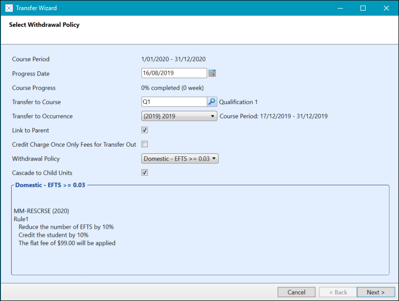 Select Withdrawal Policy screen