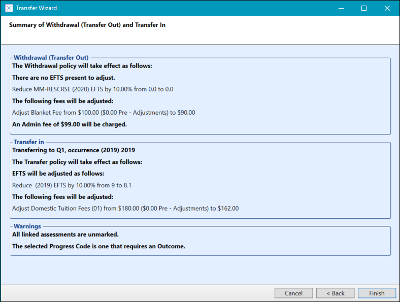 Summary of Withdrawal (Transfer Out) and Transfer In screen