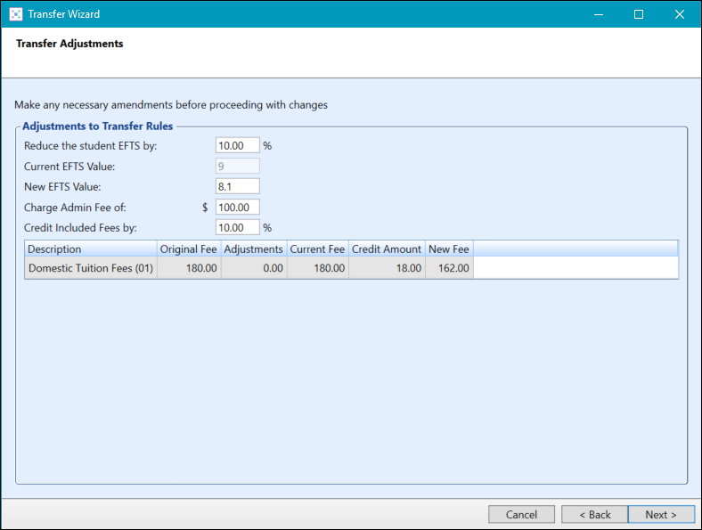 Transfer Adjustments screen