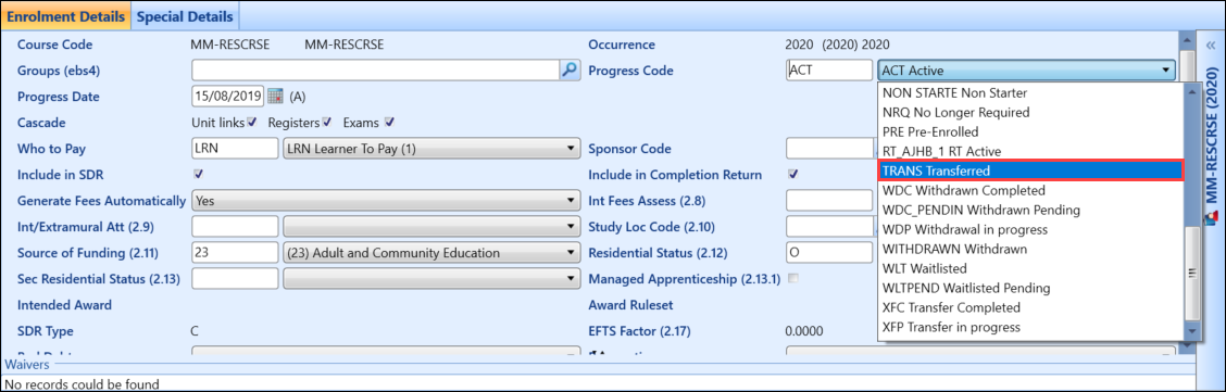 'Transferred' selected in the Progress Code field