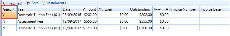 Unmatched grid - select fees