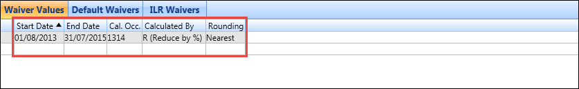 Waiver Values grid