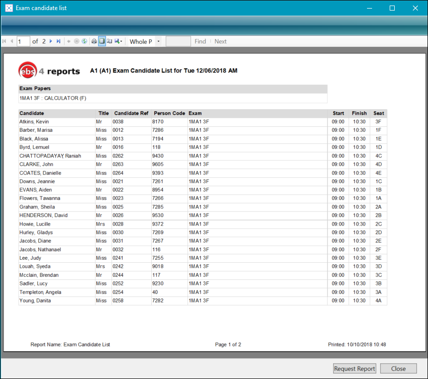 Exam Candidate List report