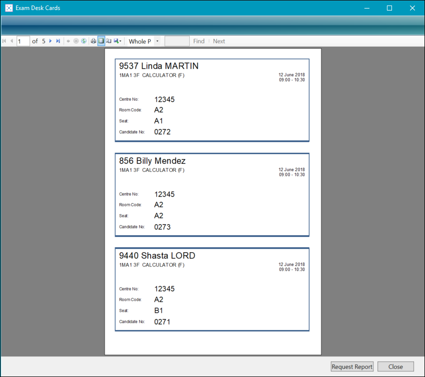 Exam Desk Cards report