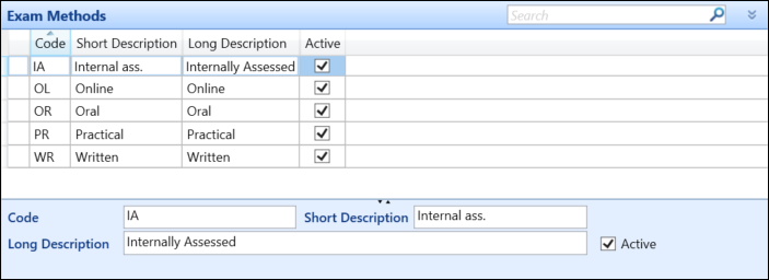 Exam Methods Reference Data