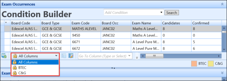 Exam Occurrences grid board filters