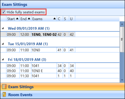 Hide fully seated exams check box