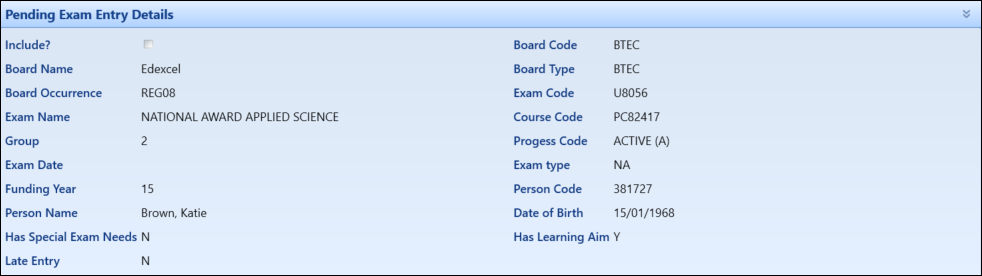 Pending Exam Entry Details