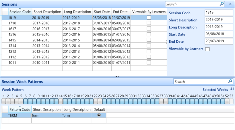 Sessions reference data screen