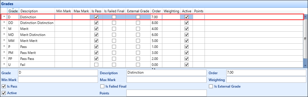 Row selected from the Grades grid